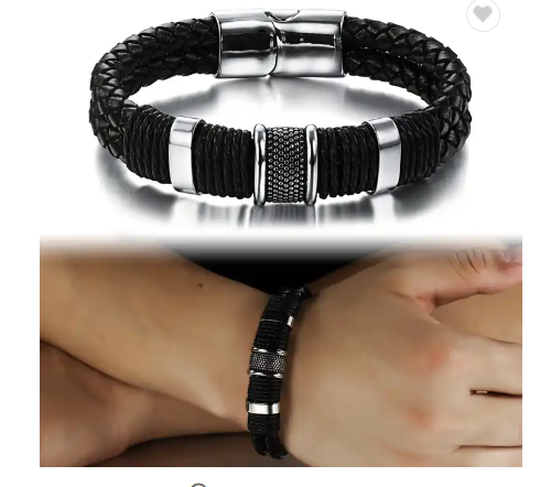 Black Leather Stainless Steel Bracelet