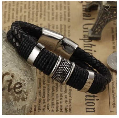 Black Leather Stainless Steel Bracelet