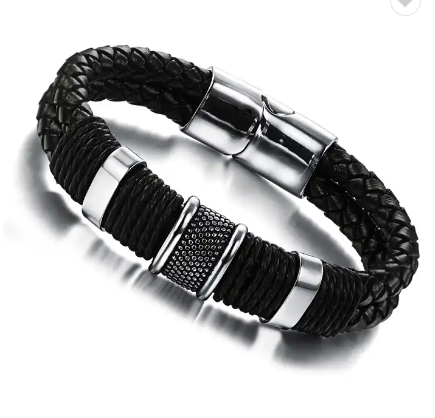 Black Leather Stainless Steel Bracelet